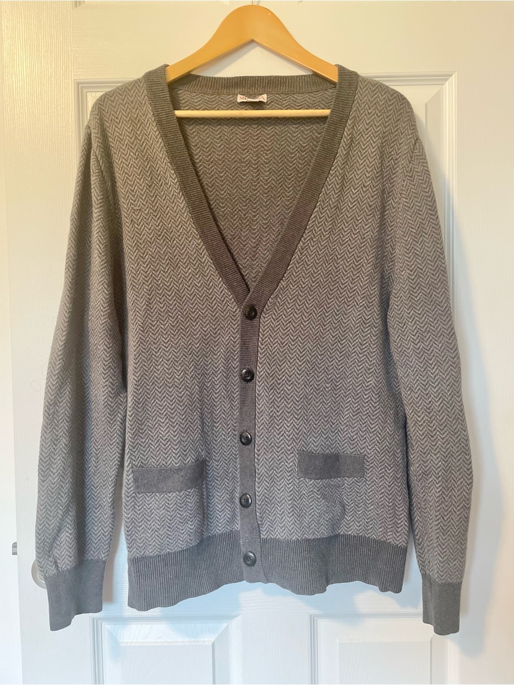 Merona Grandpa Sweater Cardigan Cotton Dark Academia Herringbone Pockets Grey L